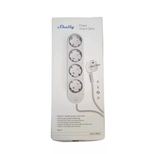 Shelly Power Strip 4 Gen4 – okos konnektor elosztó négy aljzattal, fogyasztásmérős, Wi-Fi, Zigbee, Matter, fehér