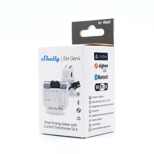 Shelly EM Gen4 – egyfázisú két áramkörös fogyasztásmérő, 1 db 50A áramváltóval, 2A kontaktorral, Wi-Fi, Bluetooth, Zigbee, Matter (S4EM-002CXCEU)