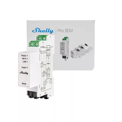 Shelly Pro 3EM 120A V2 – fogyasztásmérő, három fázisú, 3 x 120A áramváltóval, Wi-Fi, Ethernet, Matter (SPEM-003CEBEU)