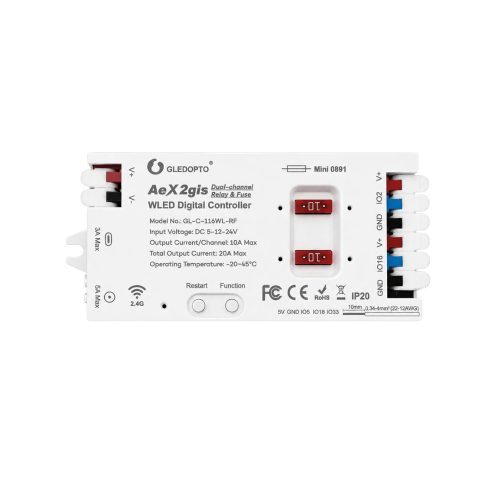 Gledopto AeX2gis – Kétcsatornás, relével és biztosítékkal ellátott WLED vezérlő, Wi-Fi, RF (GL-C-116WL-RF)