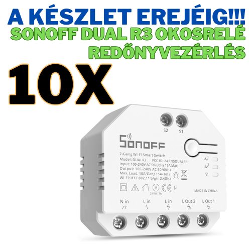 10 darab Sonoff Dual (R3) WiFi-s okosrelé, két áramkörös, fogyasztásméréssel, redőnyvezérléssel