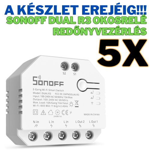 5 darab Sonoff Dual (R3) WiFi-s okosrelé, két áramkörös, fogyasztásméréssel, redőnyvezérléssel