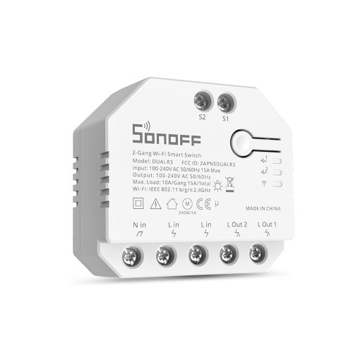 Sonoff Dual (R3) WiFi-s okosrelé, két áramkörös, fogyasztásméréssel, redőnyvezérléssel